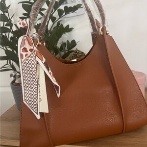 Brown Leather Tote Handbag with Scarf Accent